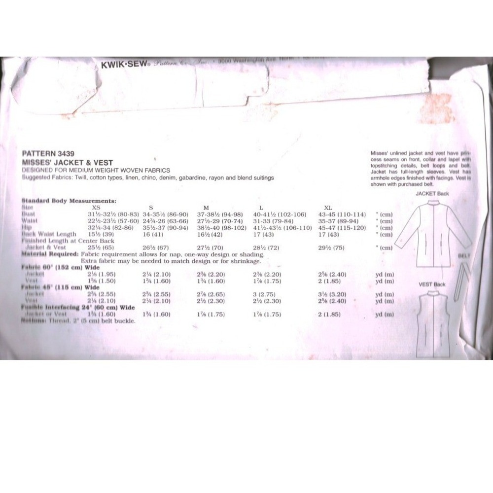 Kwik Sew 3439 Sewing Pattern Misses Jacket Vest Belted XS-XL Kerstin Martensson - Picture 2 of 2